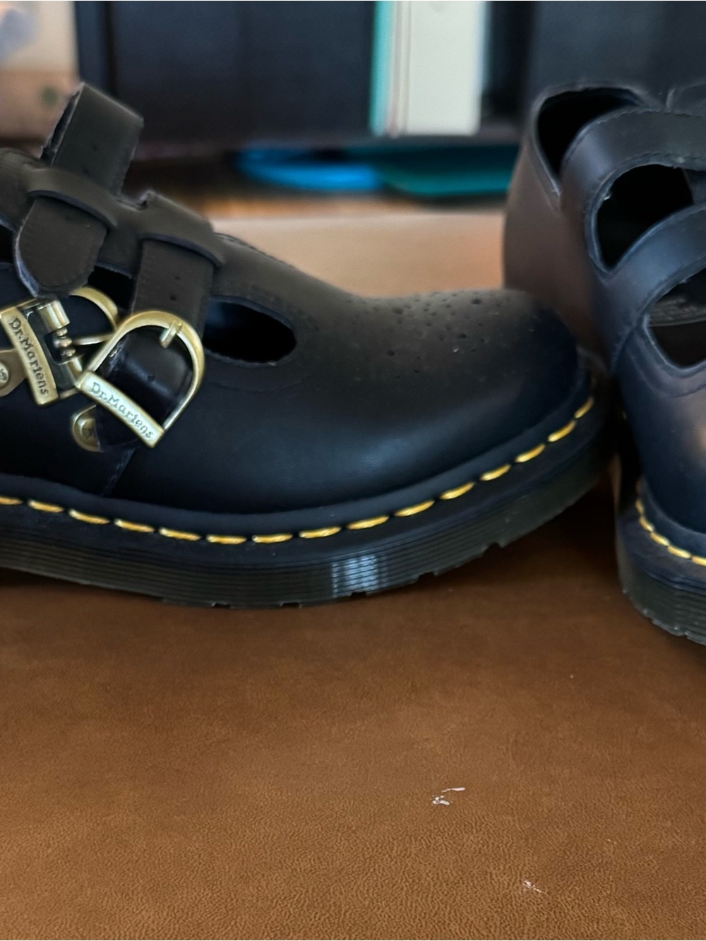 Dr. Martens Black Leather Mary Jane Flats with Yellow Stitching - Picture 2 of 4